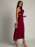 Elegant pleated dress with a flower, plum, AZRHP6987